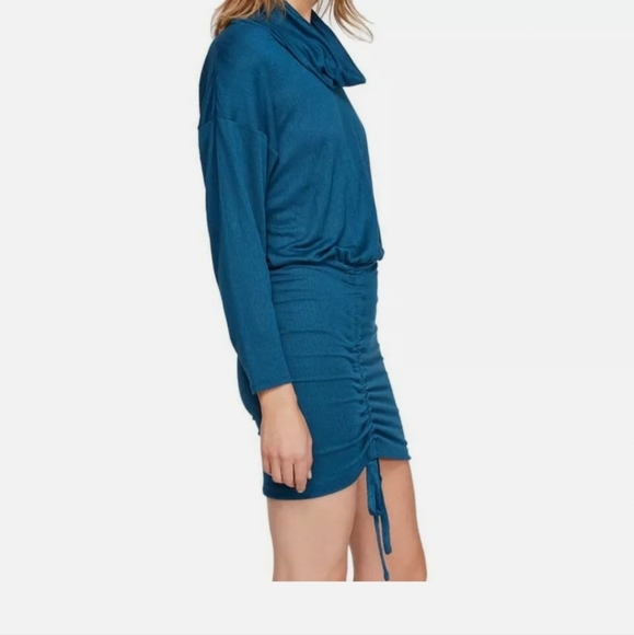 Free People Sundown Cowl blue neck ruched midi sneath dress long sleeves Large - Picture 3 of 13